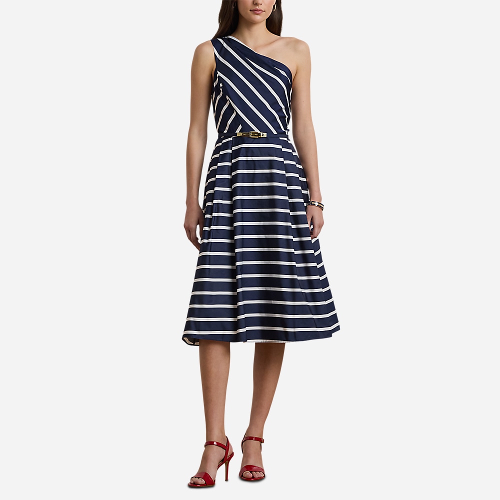 Striped Belted Taffeta Cocktail - Refined Navy/White