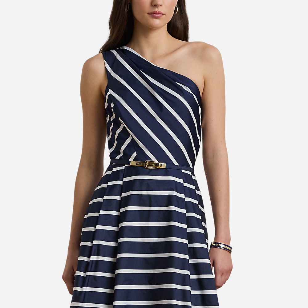 Striped Belted Taffeta Cocktail - Refined Navy/White