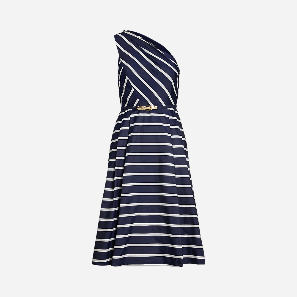 Striped Belted Taffeta Cocktail - Refined Navy/White