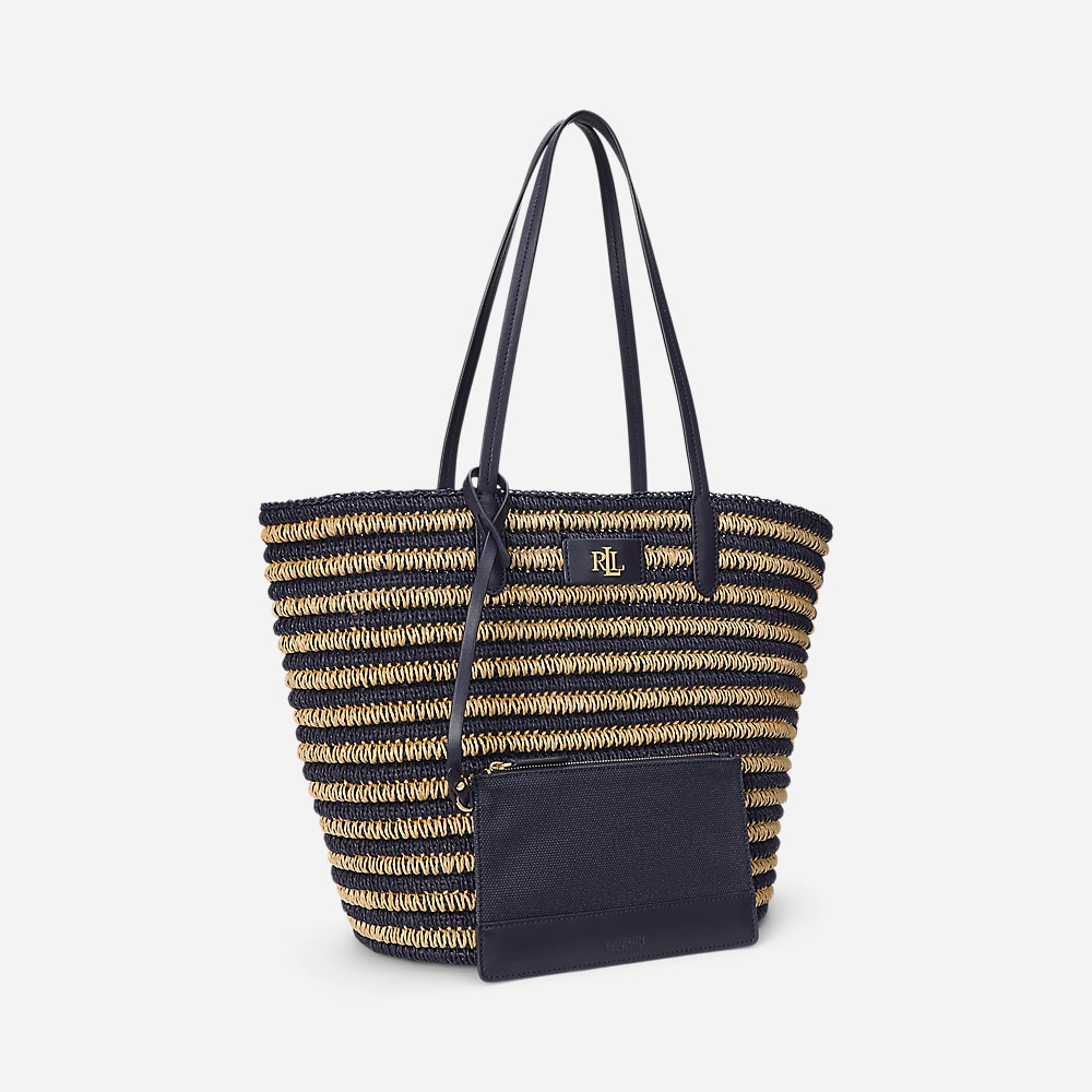 Striped Straw Large Brie Tote Bag - Navy/Refined Navy