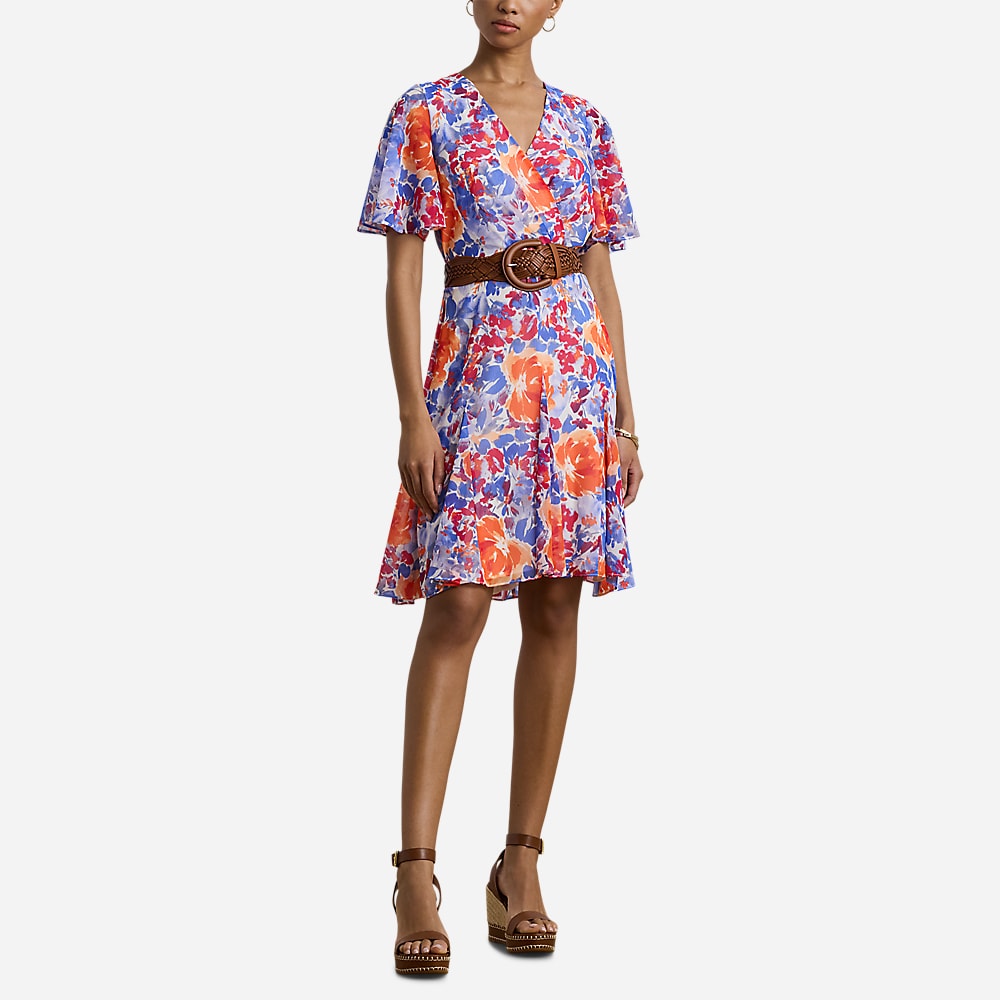 Floral Crinkle Georgette Surplice Dress - White Multi