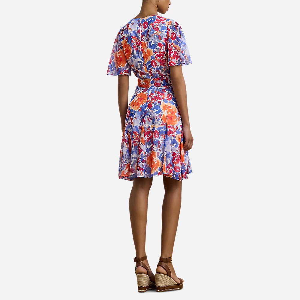 Floral Crinkle Georgette Surplice Dress - White Multi