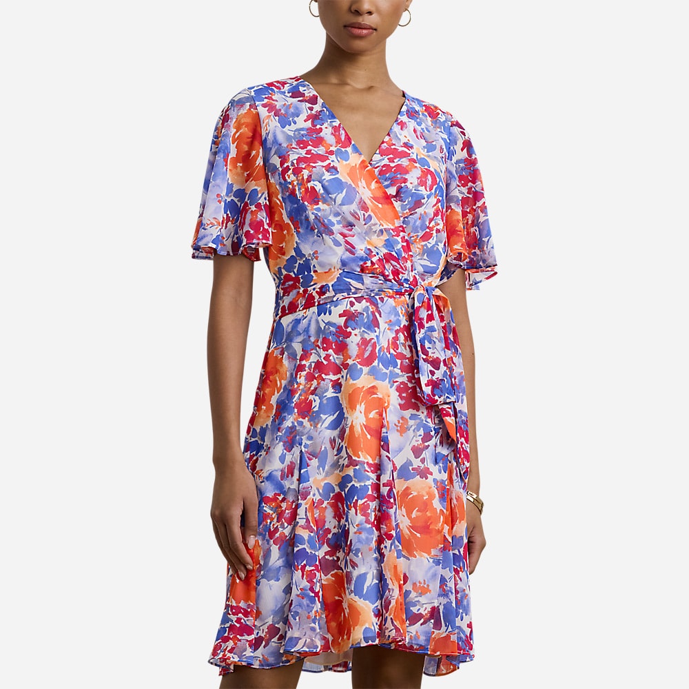 Floral Crinkle Georgette Surplice Dress - White Multi