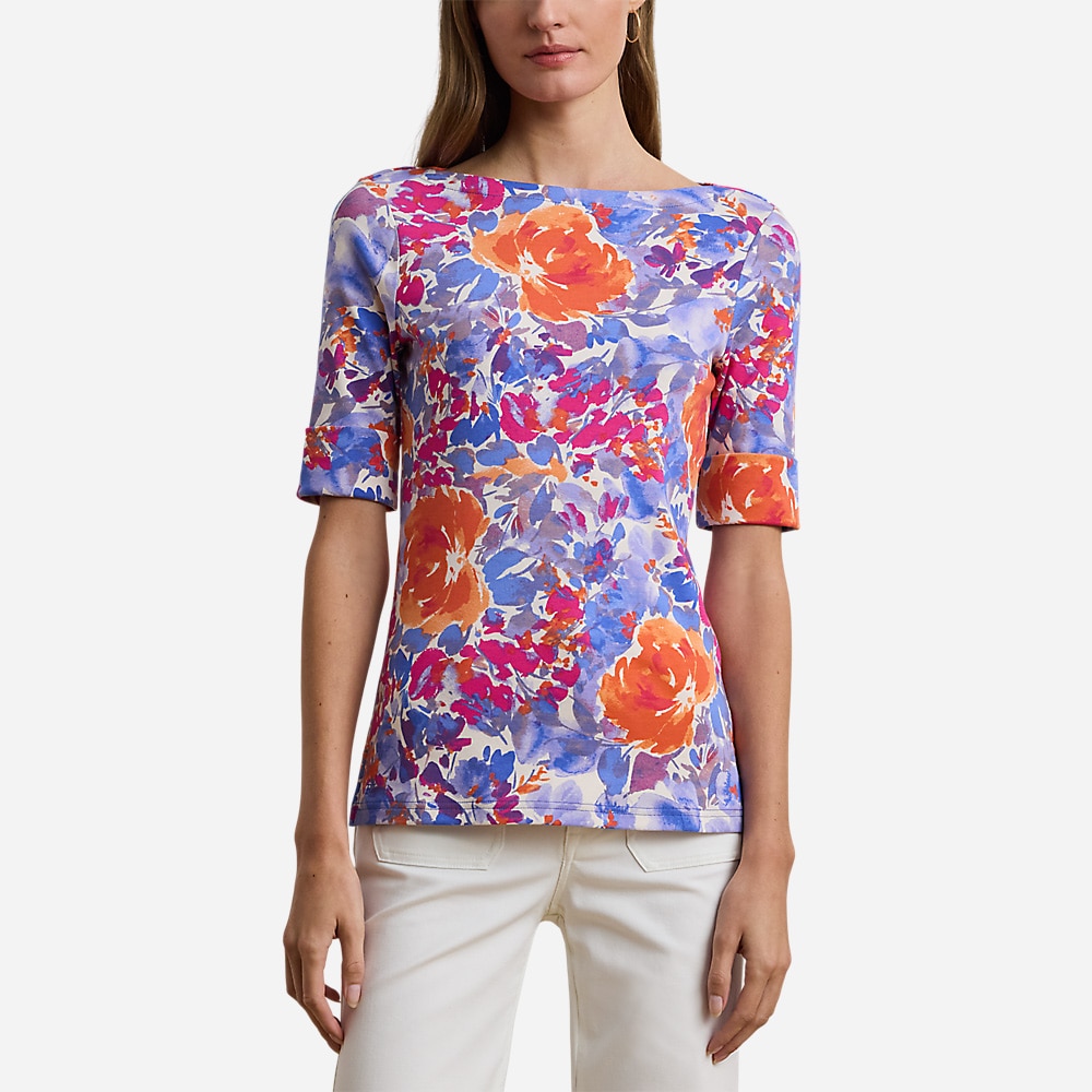 Floral Stretch Cotton Boatneck Tee - White Multi