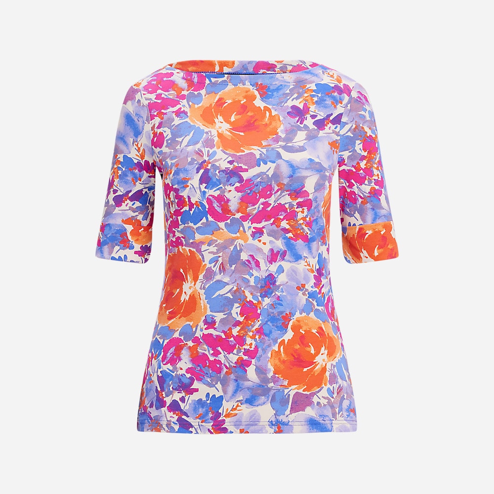 Floral Stretch Cotton Boatneck Tee - White Multi
