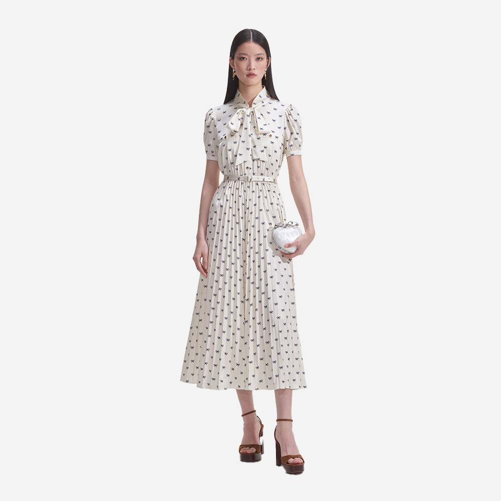 Bow Print Midi Dress - Cream