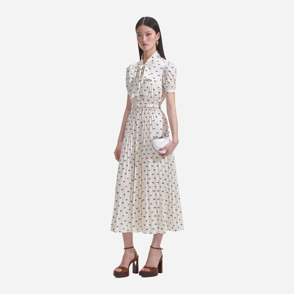 Bow Print Midi Dress - Cream