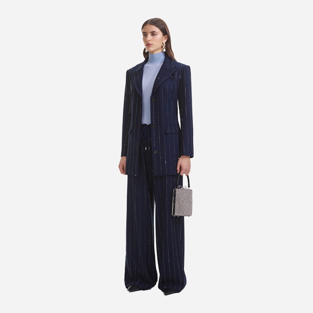 Rhinestone Pinstripe Trousers - Navy