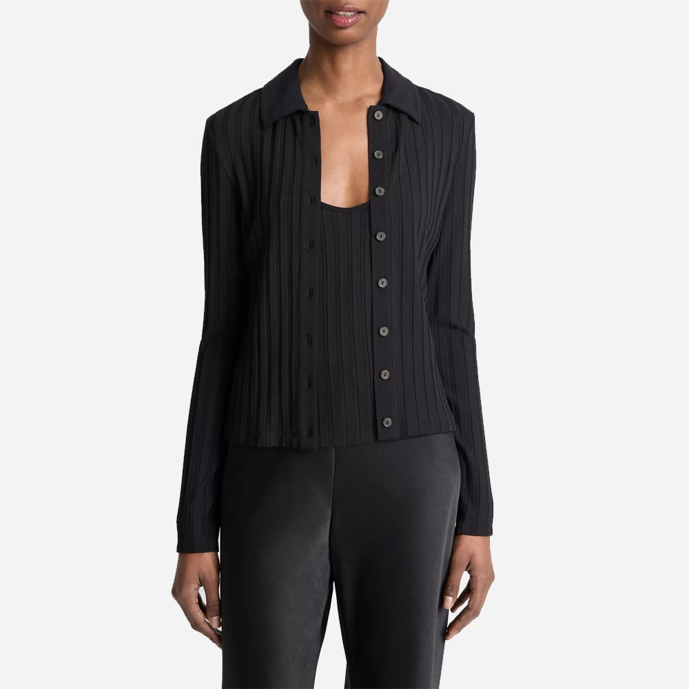Ribbed Collared Long-Sleeve Button-Front Top - Black