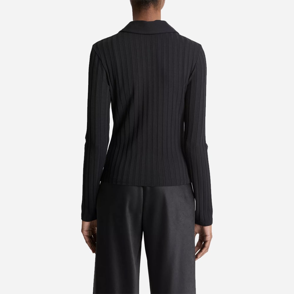 Ribbed Collared Long-Sleeve Button-Front Top - Black