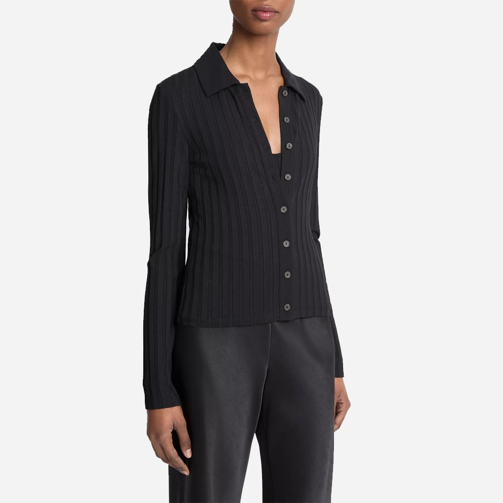 Ribbed Collared Long-Sleeve Button-Front Top - Black