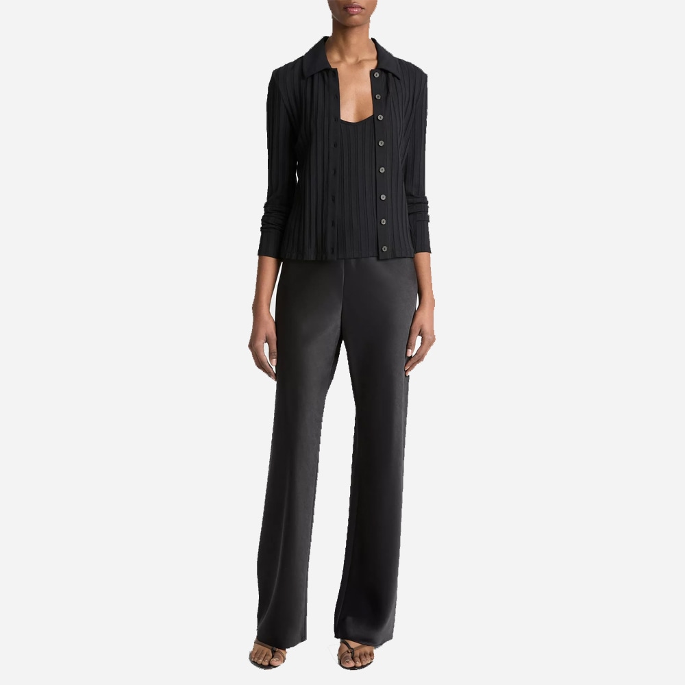 Ribbed Collared Long-Sleeve Button-Front Top - Black
