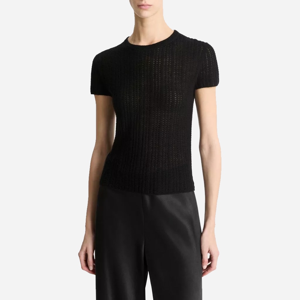 Waffle-Knit Cashmere-Silk Short-Sleeve Sweater - Black