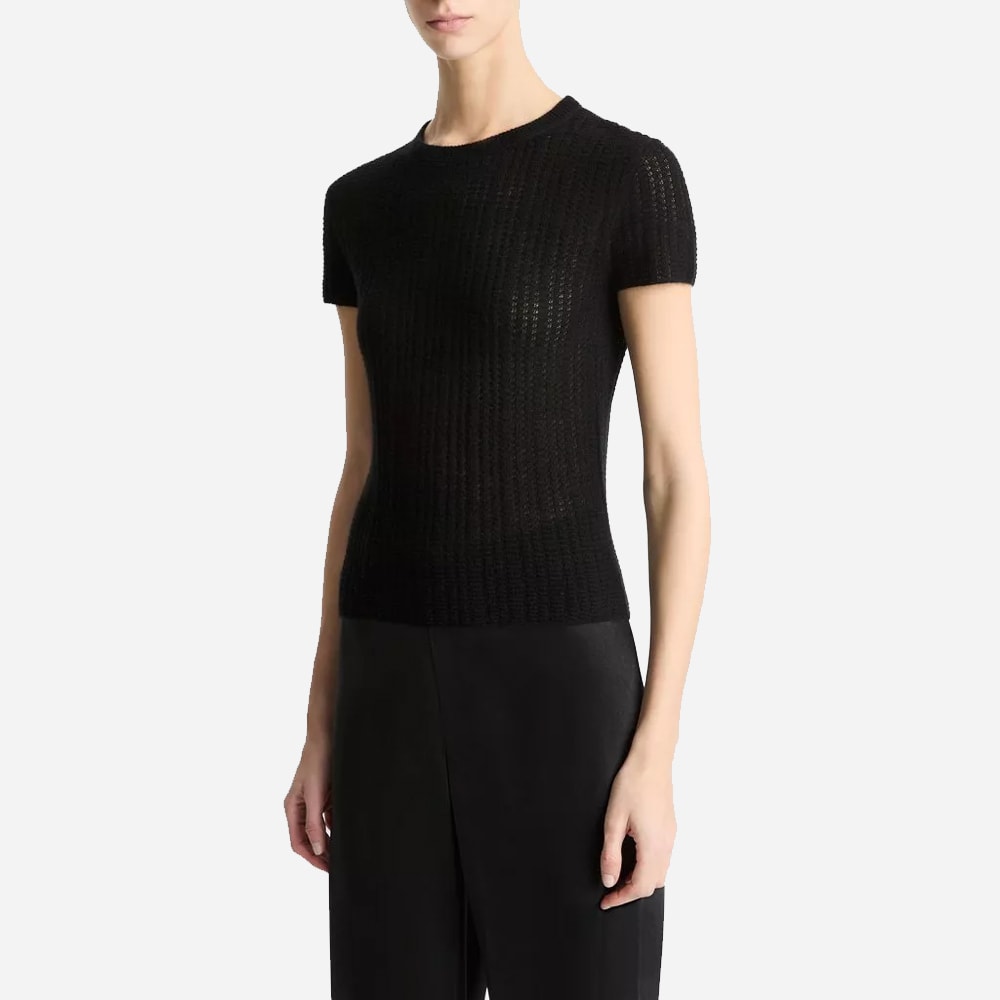 Waffle-Knit Cashmere-Silk Short-Sleeve Sweater - Black