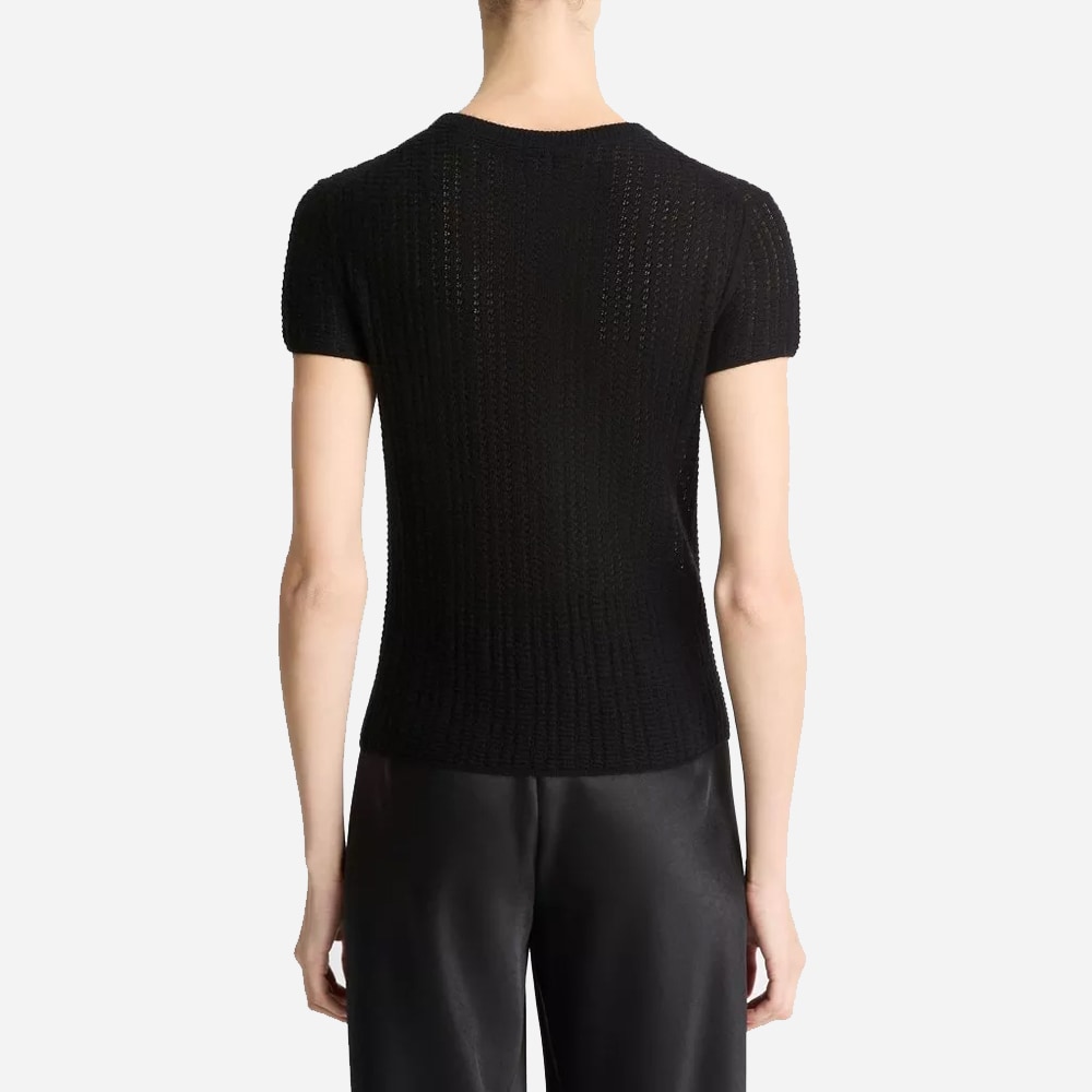 Waffle-Knit Cashmere-Silk Short-Sleeve Sweater - Black