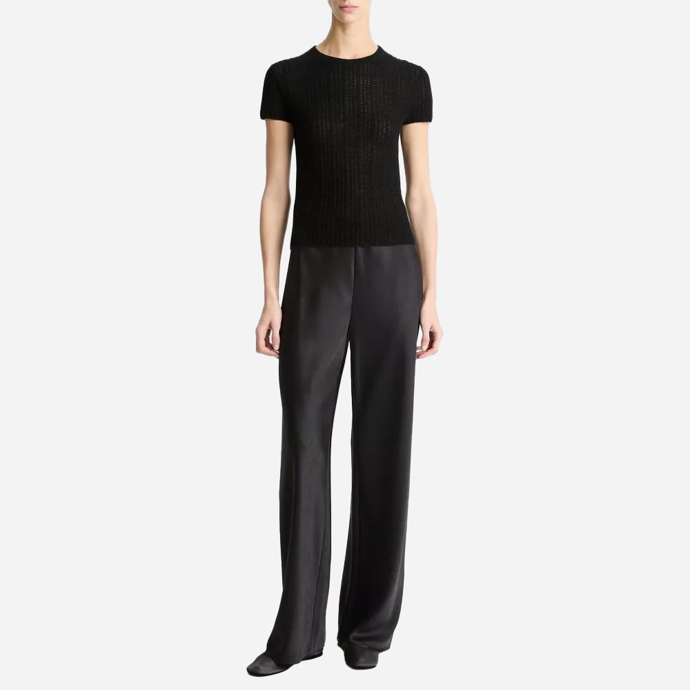 Waffle-Knit Cashmere-Silk Short-Sleeve Sweater - Black