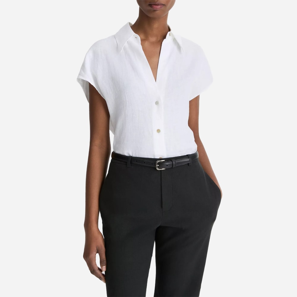 Linen Cap-Sleeve Button-Front Blouse - Optic White