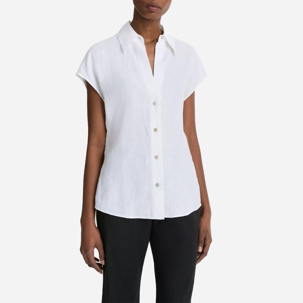 Linen Cap-Sleeve Button-Front Blouse - Optic White