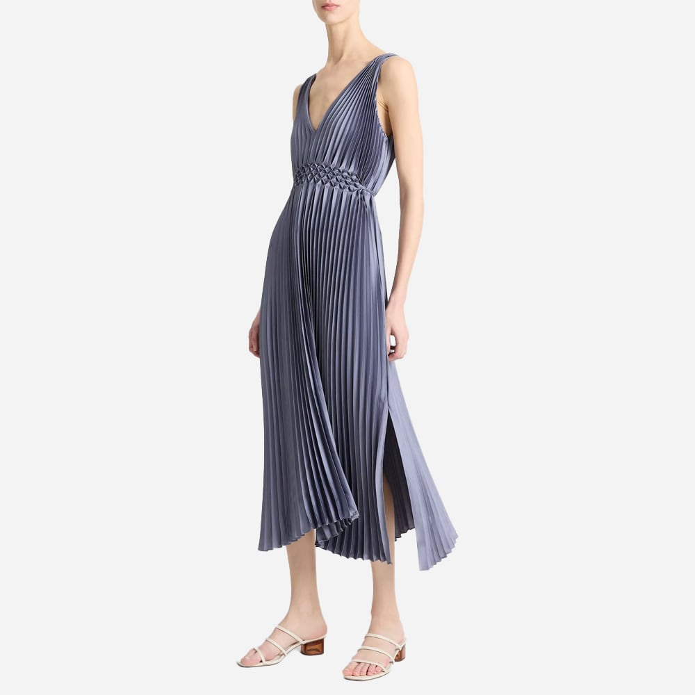 Hand-Smocked Pleated Satin Dress - Mauve Thistle