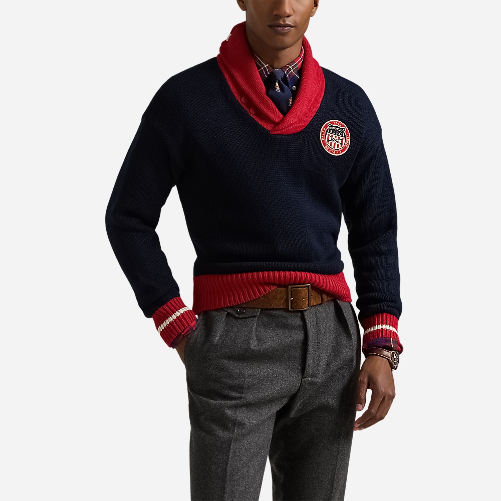 Color-Blocked Cotton Shawl Sweater - Navy Combo