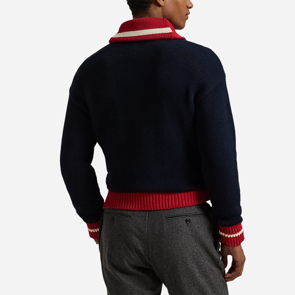 Color-Blocked Cotton Shawl Sweater - Navy Combo