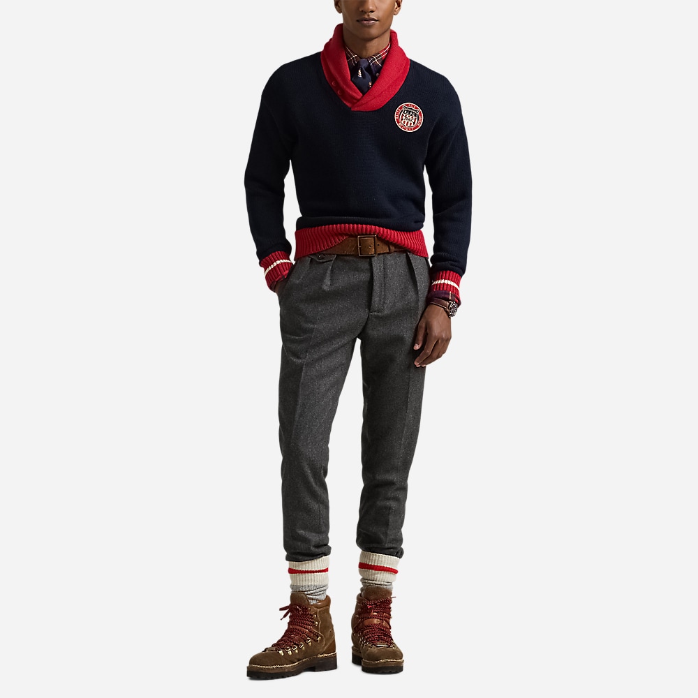 Color-Blocked Cotton Shawl Sweater - Navy Combo