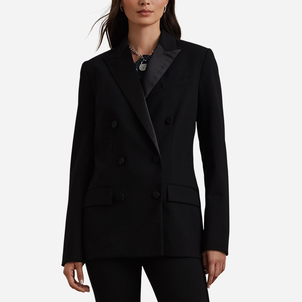 Double-Breasted Satin-Trim Crepe Blazer - Black