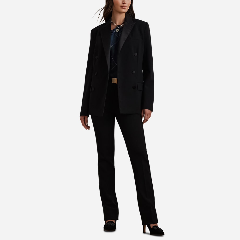 Double-Breasted Satin-Trim Crepe Blazer - Black