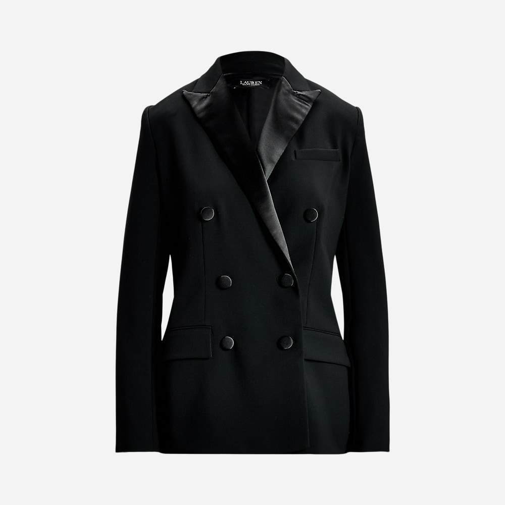 Double-Breasted Satin-Trim Crepe Blazer - Black