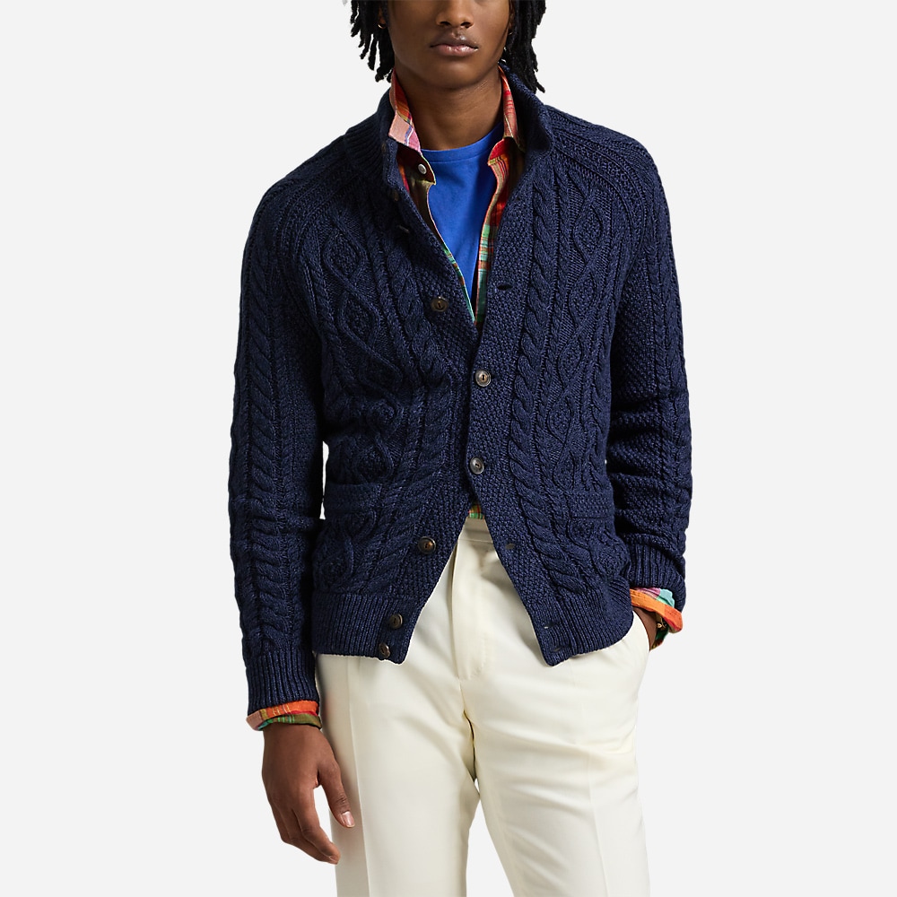 Aran-Knit Marled Cotton Cardigan - Navy Combo