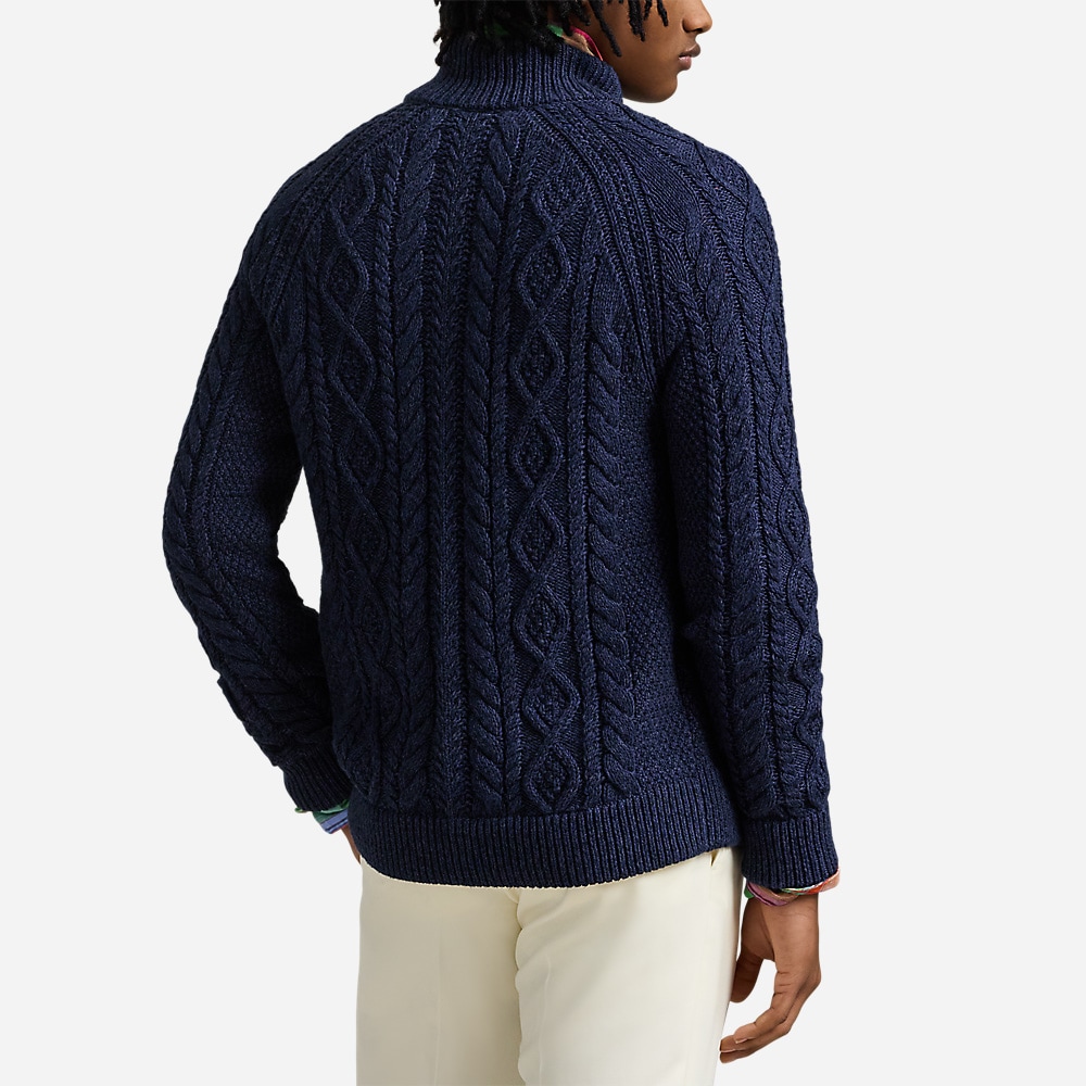 Aran-Knit Marled Cotton Cardigan - Navy Combo