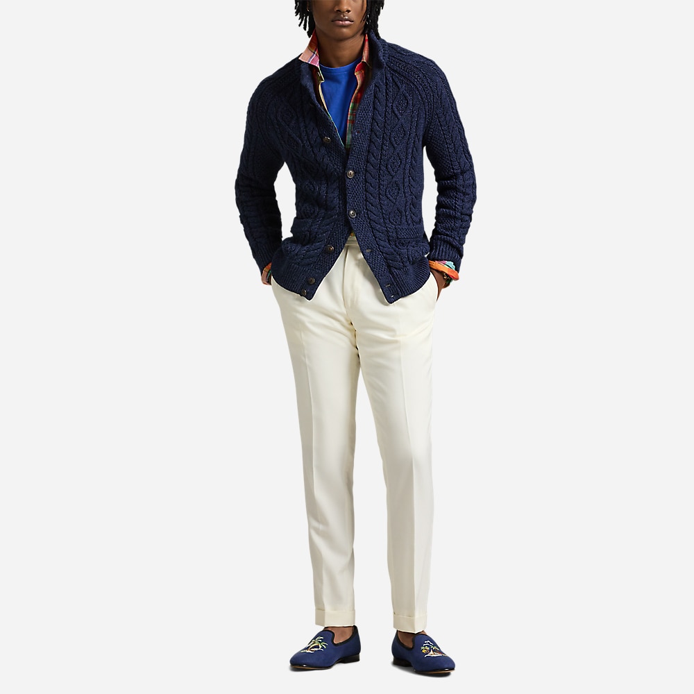 Aran-Knit Marled Cotton Cardigan - Navy Combo