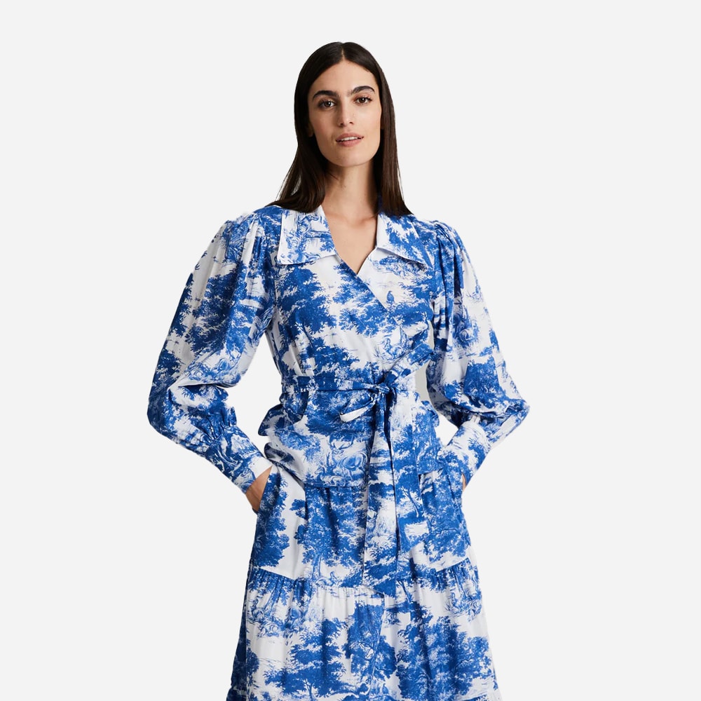 Calypso Wrap Blouse - Blue Toile De Jouy