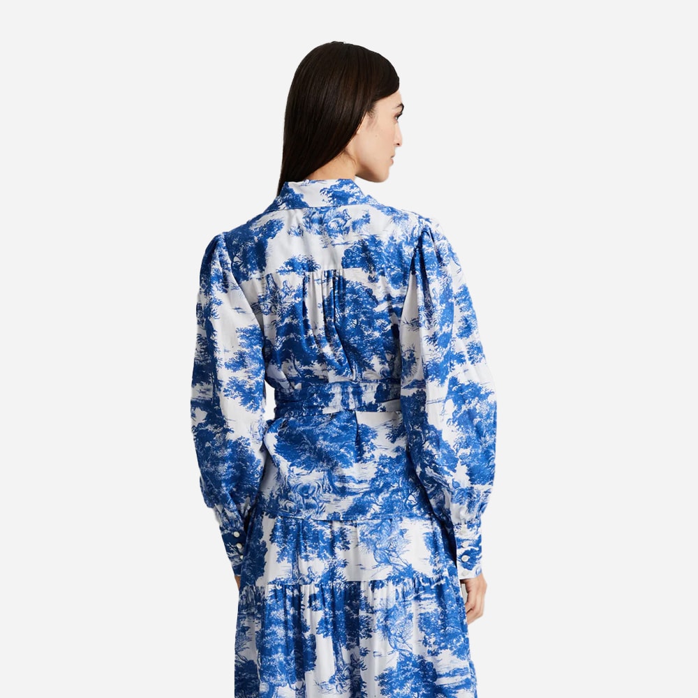 Calypso Wrap Blouse - Blue Toile De Jouy