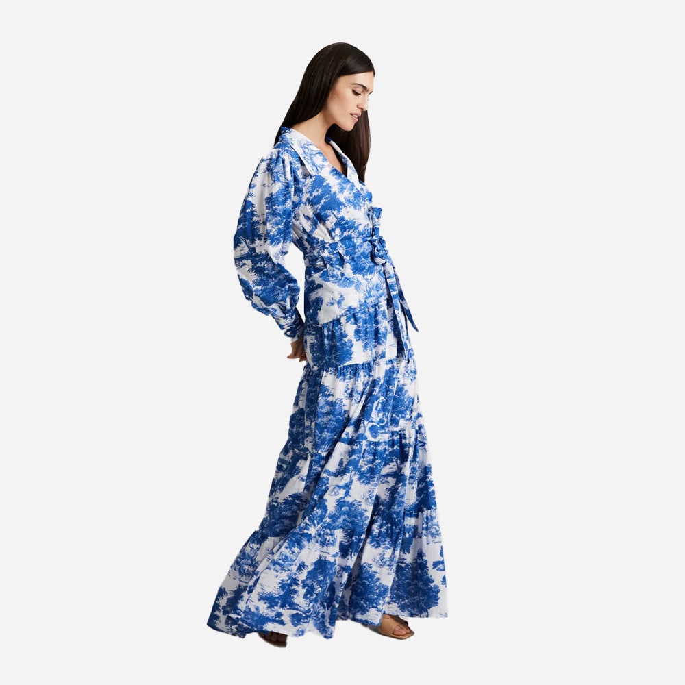 Calypso Wrap Blouse - Blue Toile De Jouy