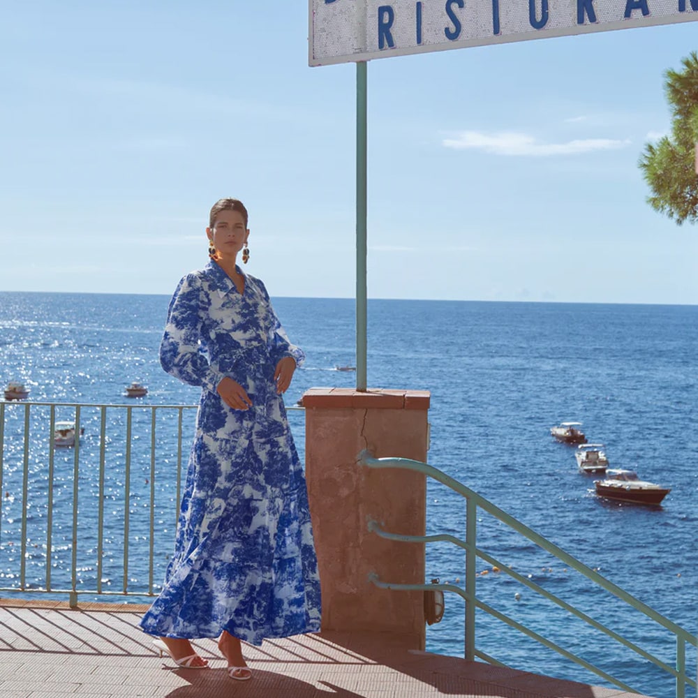 Calypso Wrap Blouse - Blue Toile De Jouy