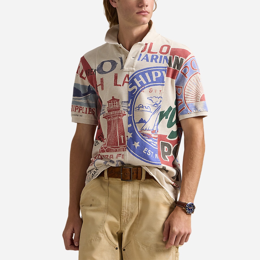 Classic Dry Goods-Print Mesh Polo Shirt - Chalk Heather Multi