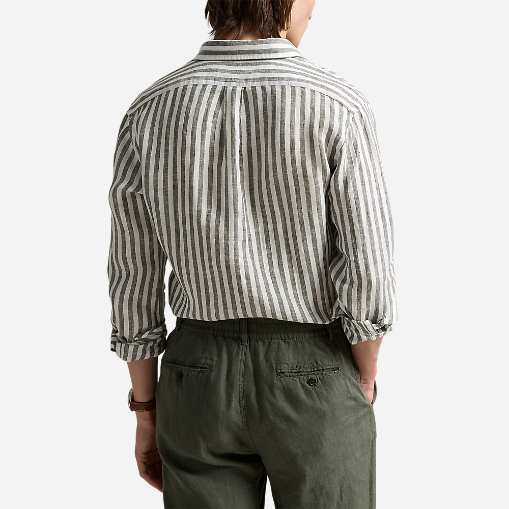 Custom Fit Striped Linen Shirt - New Olive/White
