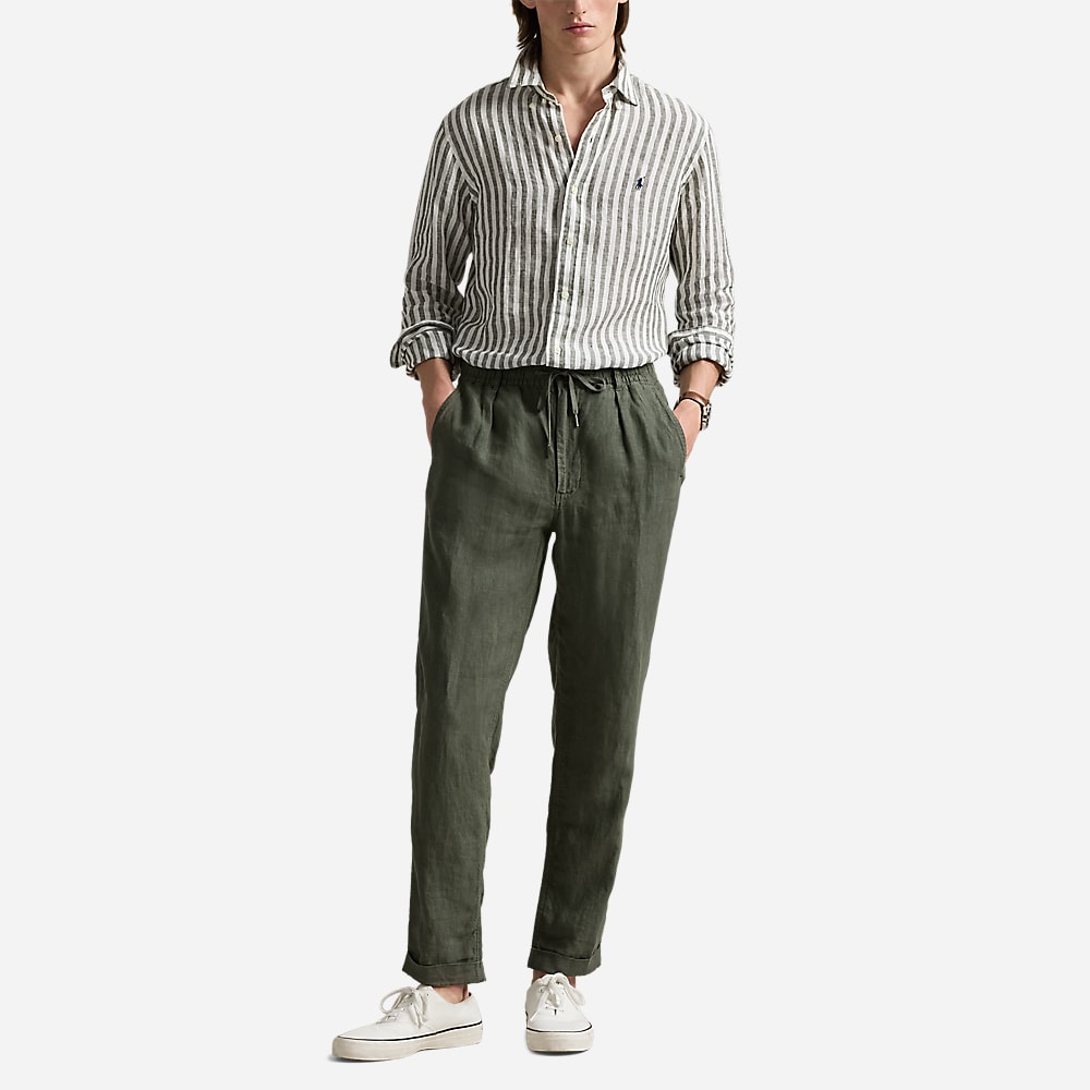 Custom Fit Striped Linen Shirt - New Olive/White