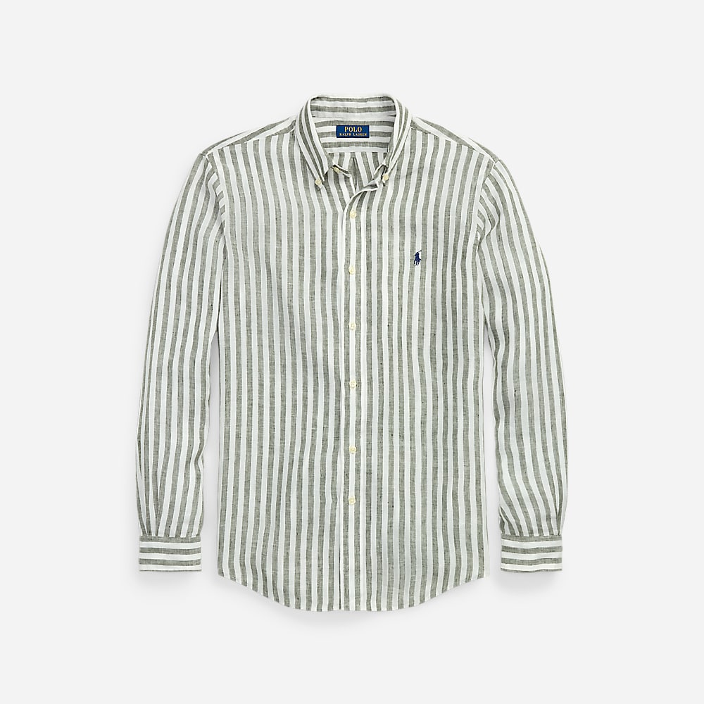 Custom Fit Striped Linen Shirt - New Olive/White