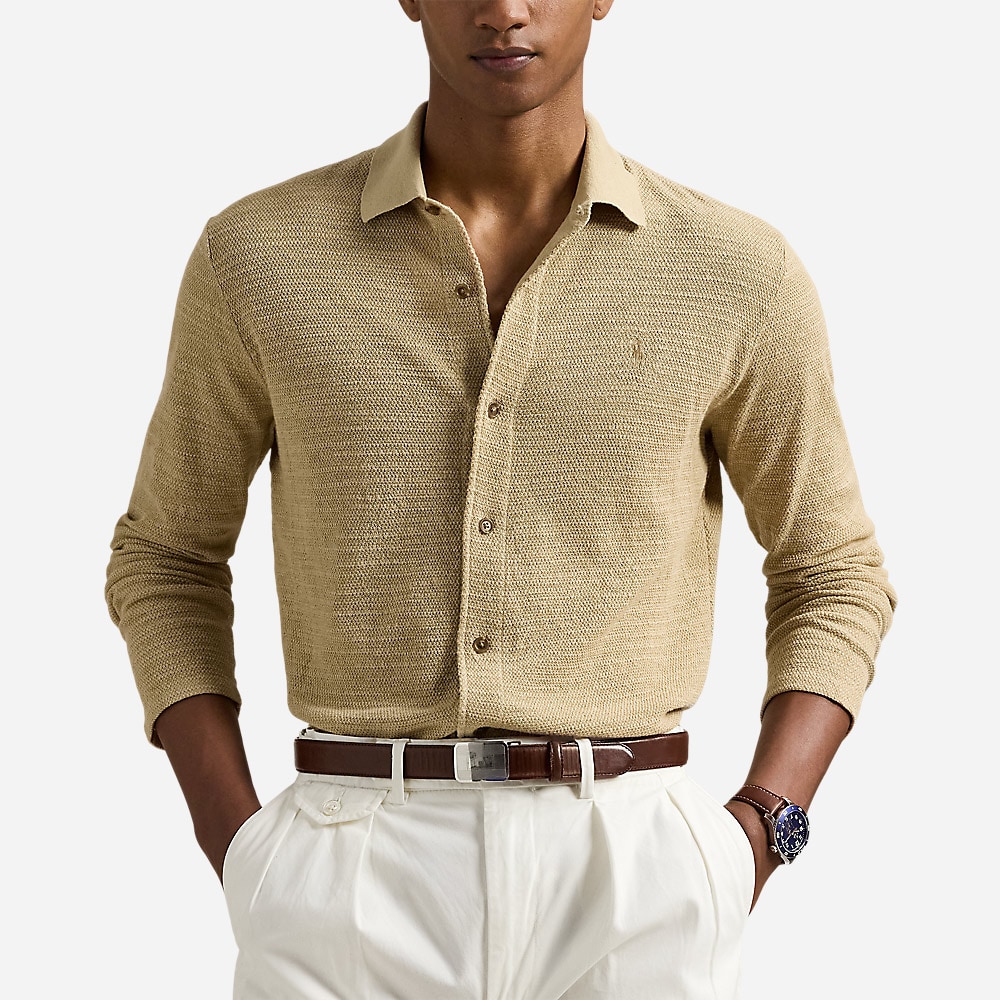 Textured Cotton-Linen Shirt Sweater - Coastal Beige