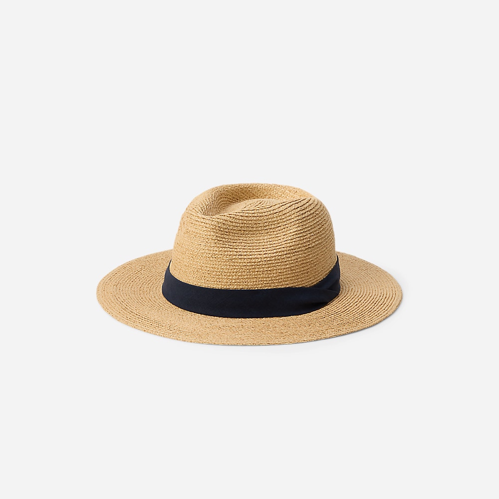 Poplin-Trim Raffia Fedora - Natural/ Navy