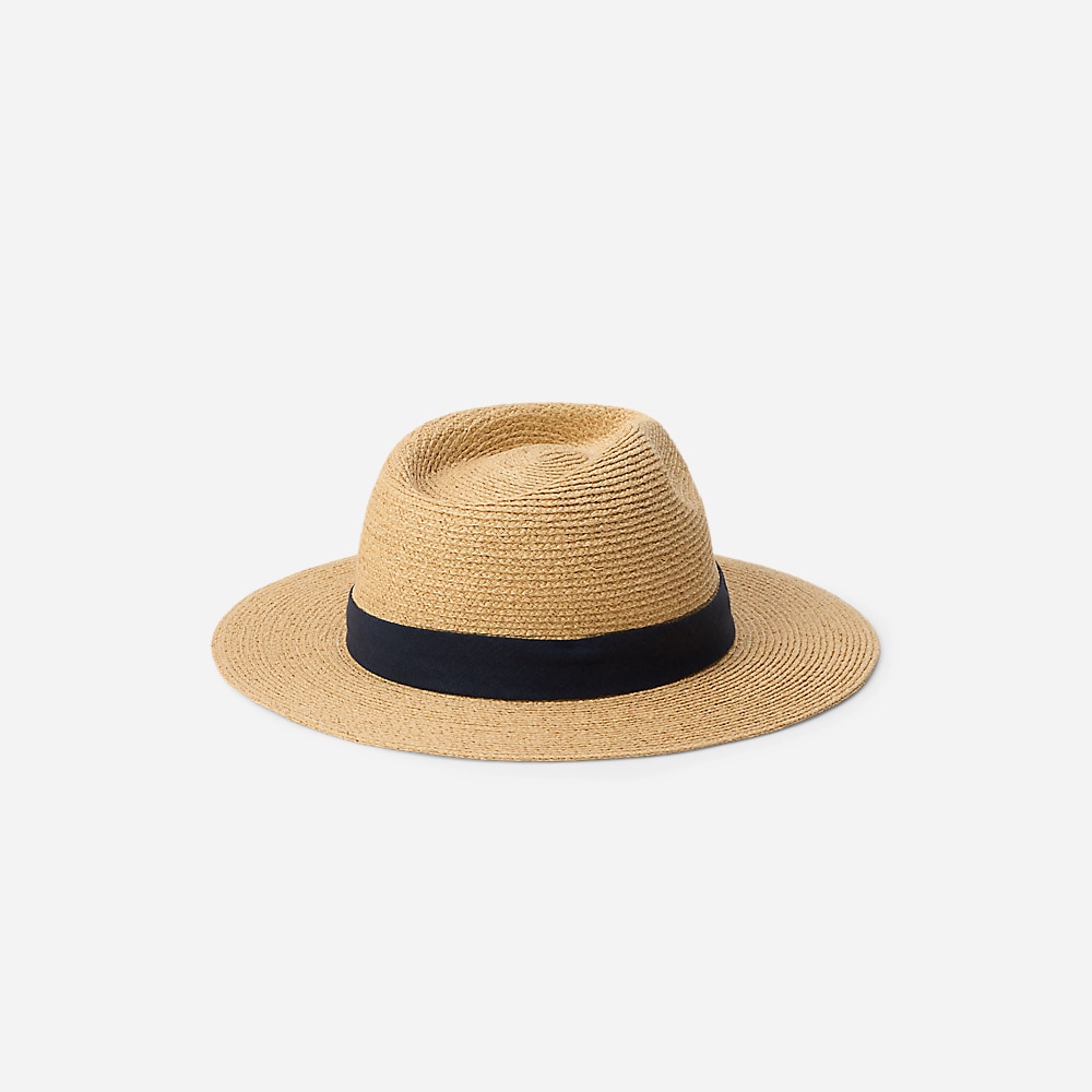 Poplin-Trim Raffia Fedora - Natural/ Navy