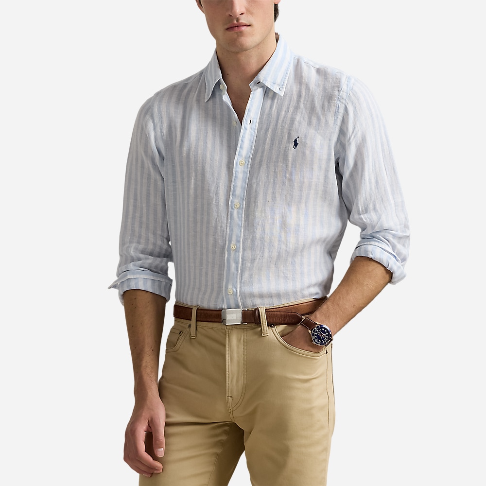 Custom Fit Striped Linen Shirt - Office Blue/White