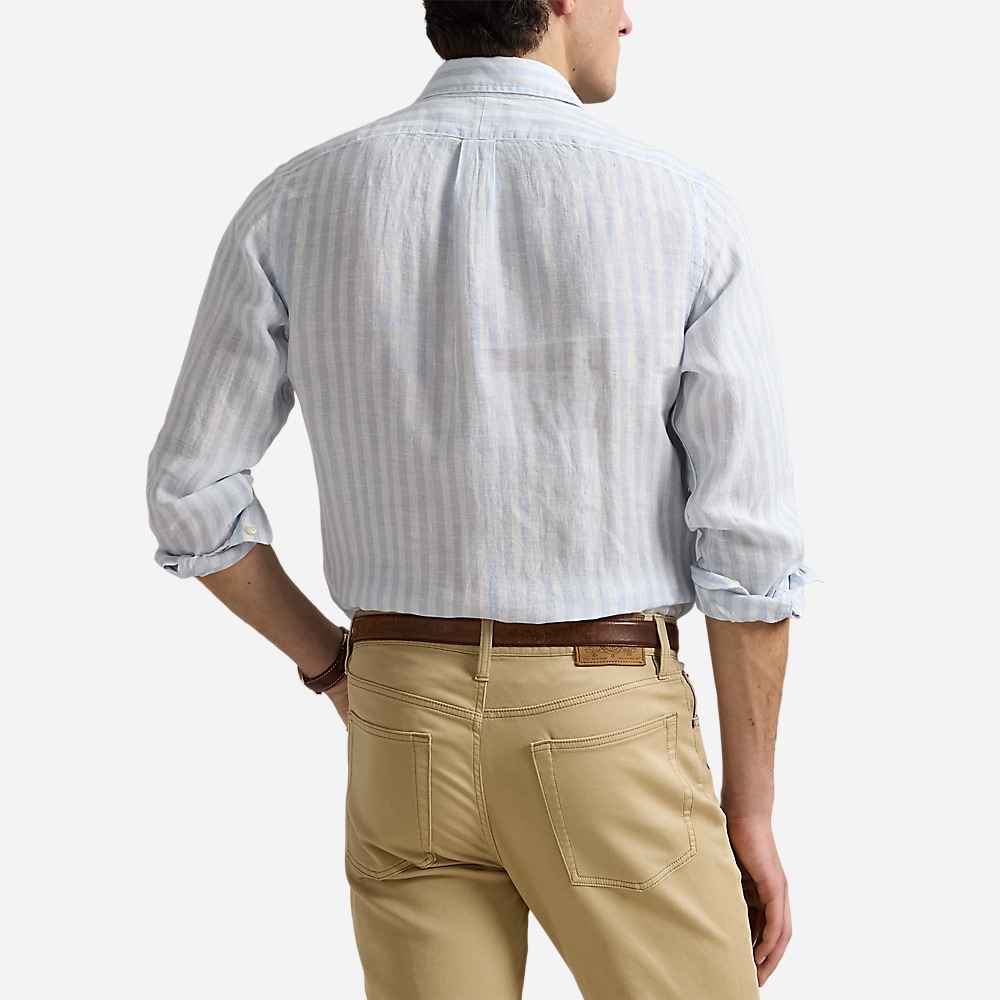 Custom Fit Striped Linen Shirt - Office Blue/White