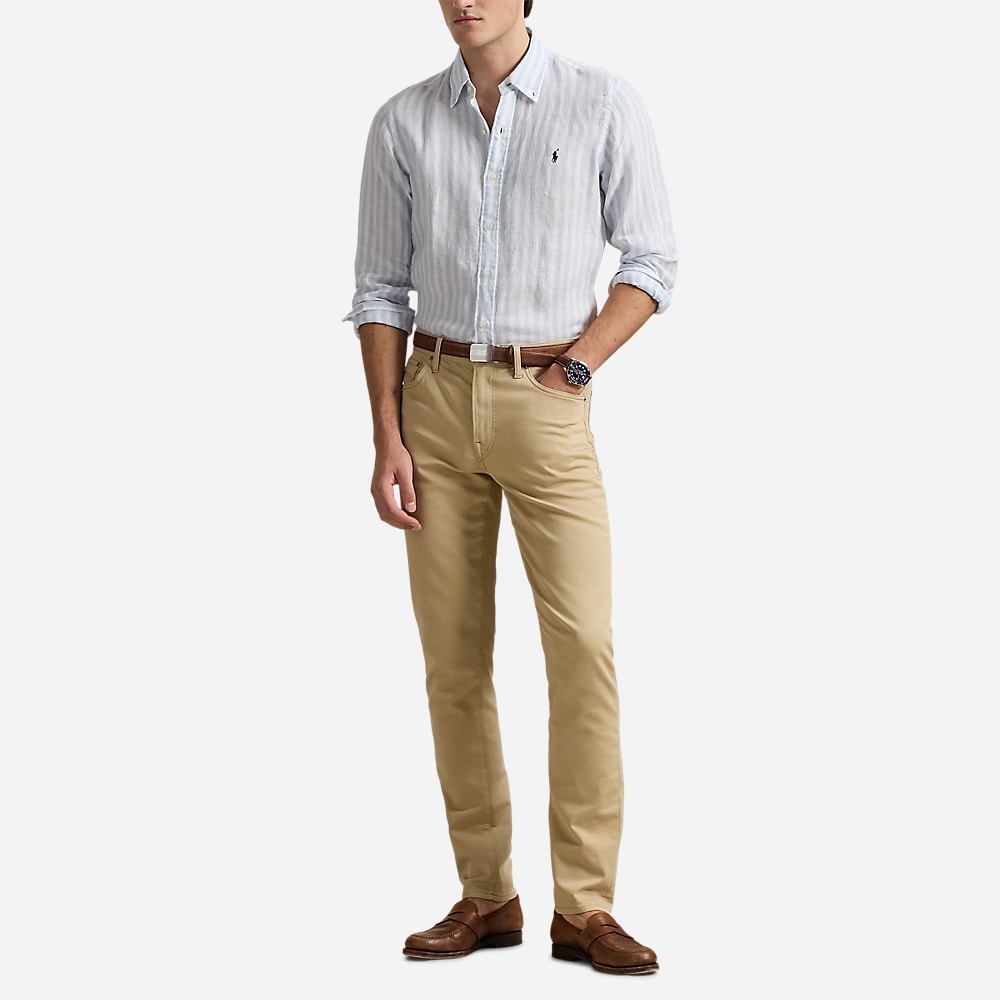 Custom Fit Striped Linen Shirt - Office Blue/White