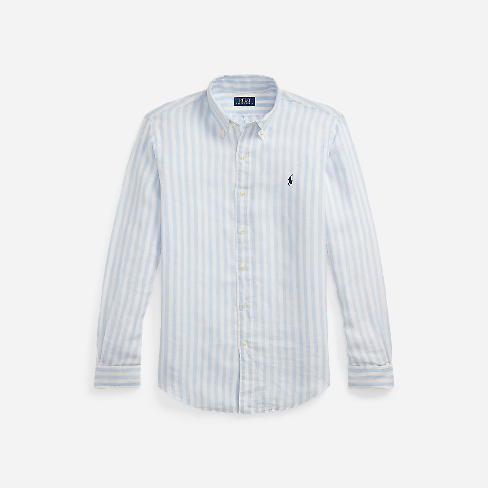 Custom Fit Striped Linen Shirt - Office Blue/White