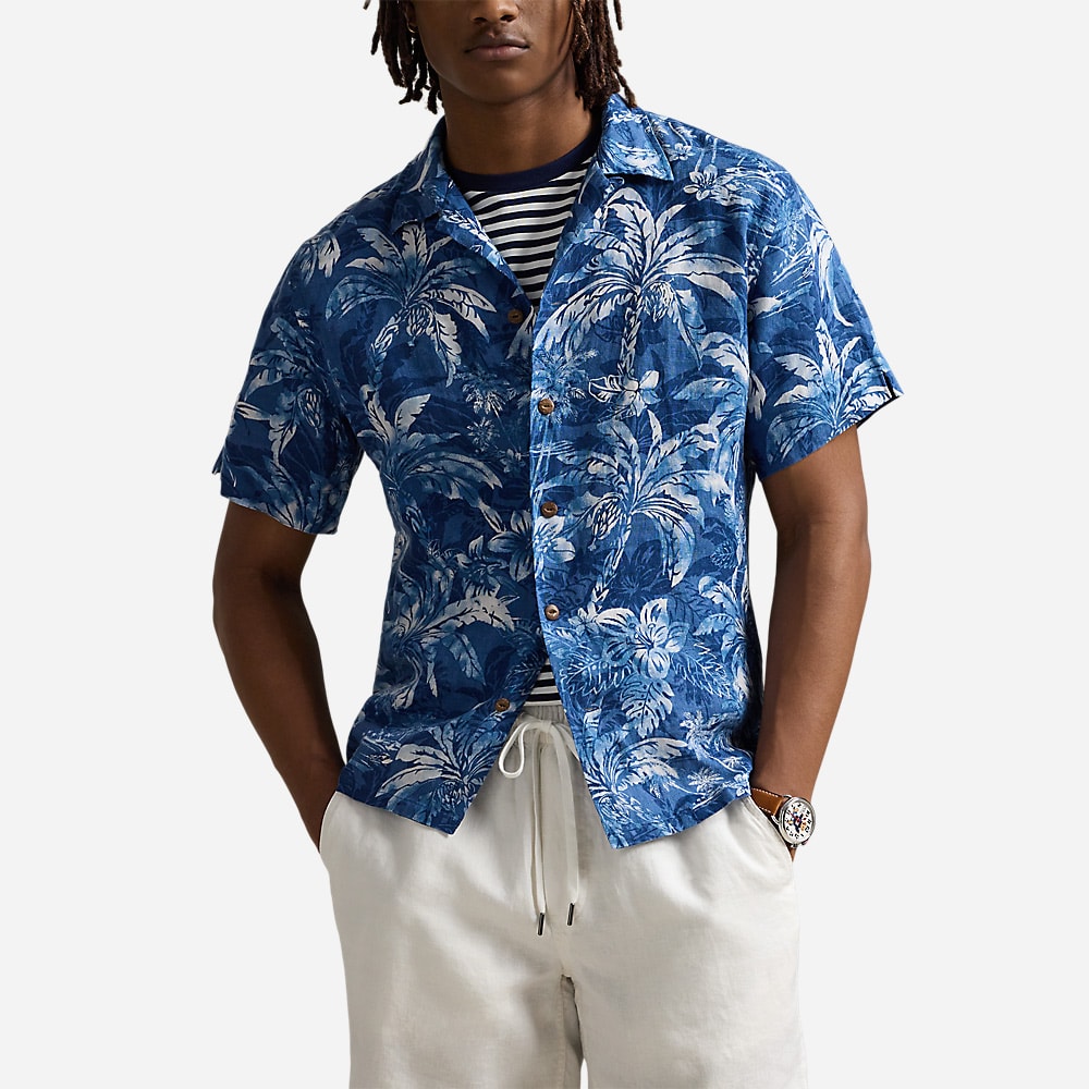 Classic Fit Tropical-Print Linen Shirt - Indigo Palm Shadow