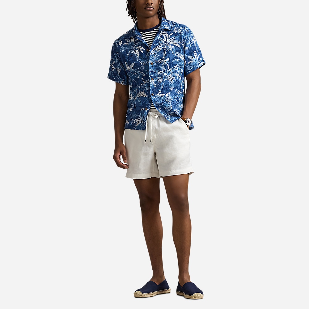 Classic Fit Tropical-Print Linen Shirt - Indigo Palm Shadow
