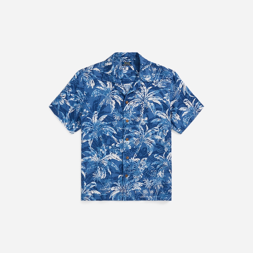 Classic Fit Tropical-Print Linen Shirt - Indigo Palm Shadow